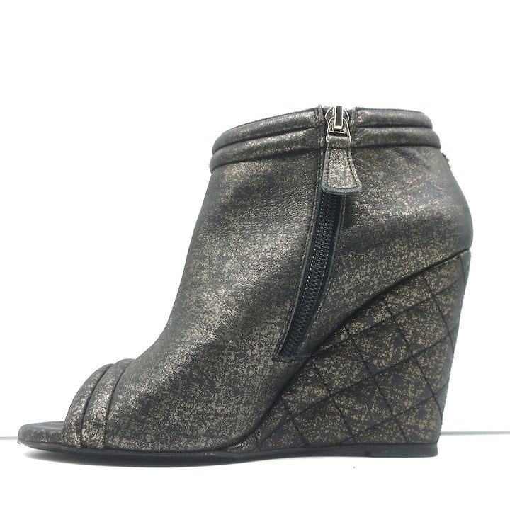 Chanel 16S Quilted Wedge Booties Black/Gold Size 36 Open Toe Ankle Boots