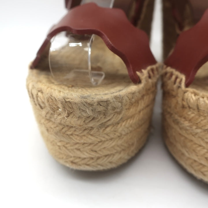 Chloe Lauren Platform Espadrille Wedge Sandals Rust Scalloped Leather Size 37