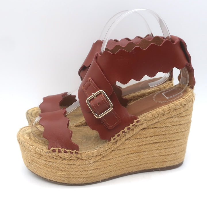 Chloe Lauren Platform Espadrille Wedge Sandals Rust Scalloped Leather Size 37
