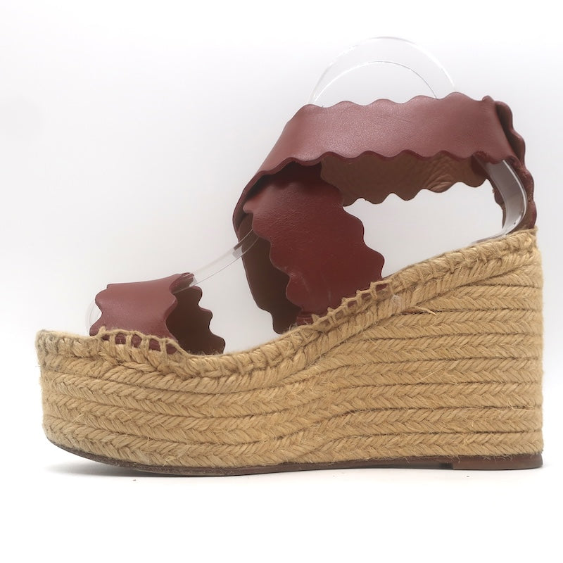 Chloe Lauren Platform Espadrille Wedge Sandals Rust Scalloped Leather Size 37