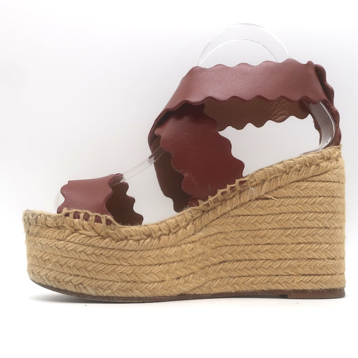 Chloe Lauren Platform Espadrille Wedge Sandals Rust Scalloped Leather Size 37
