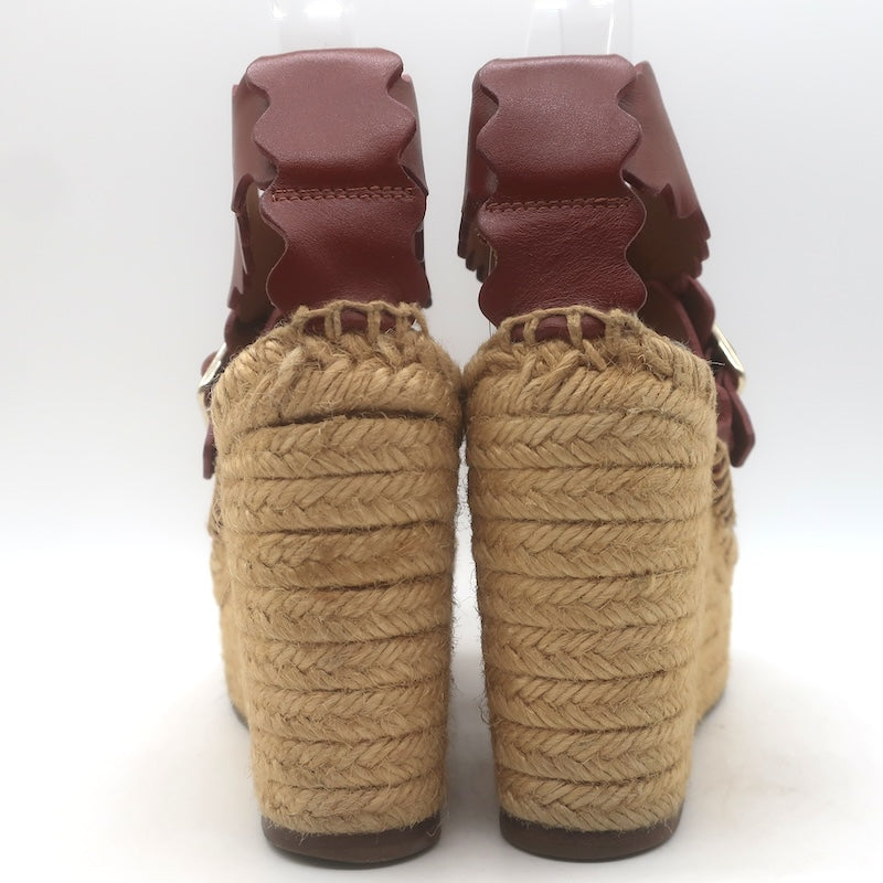 Chloe Lauren Platform Espadrille Wedge Sandals Rust Scalloped Leather Size 37