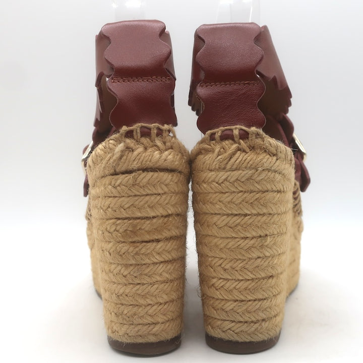 Chloe Lauren Platform Espadrille Wedge Sandals Rust Scalloped Leather Size 37