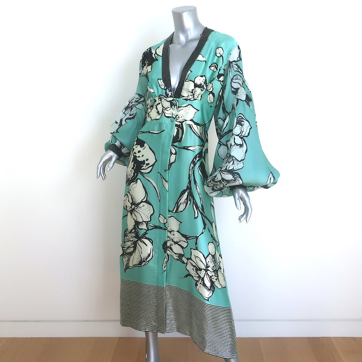 Silvia Tcherassi Babette Sequin-Trim Midi Dress Aqua Floral Silk Size Small
