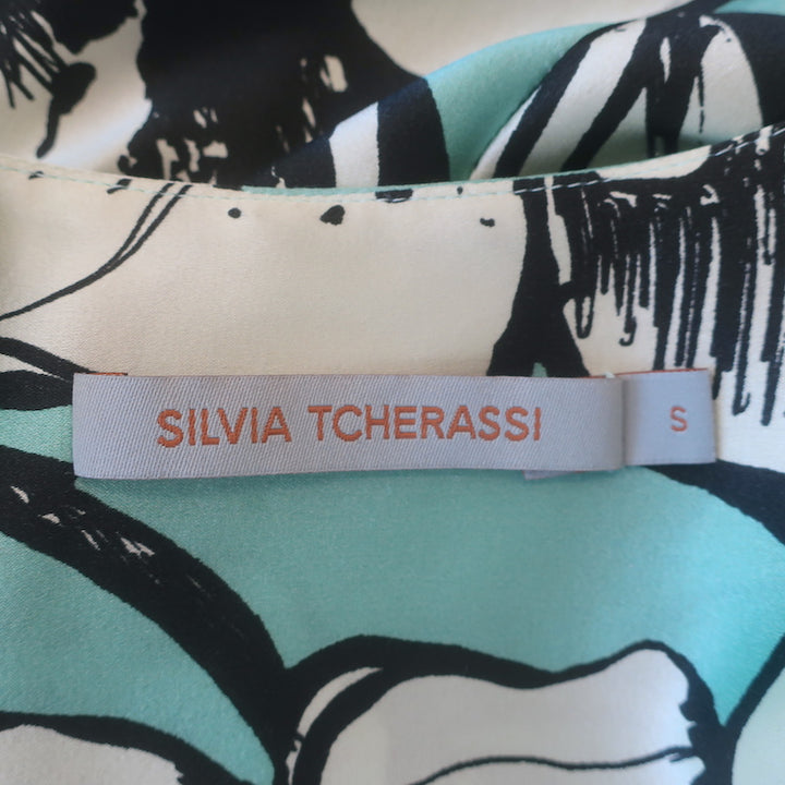 Silvia Tcherassi Babette Sequin-Trim Midi Dress Aqua Floral Silk Size Small