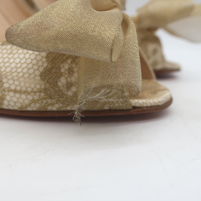 Christian Louboutin Moon Bow Lace Peep Toe Pumps Cream/Gold Size 38.5