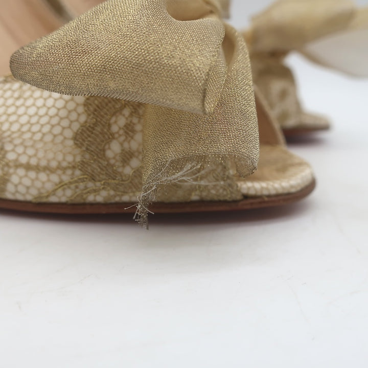 Christian Louboutin Moon Bow Lace Peep Toe Pumps Cream/Gold Size 38.5