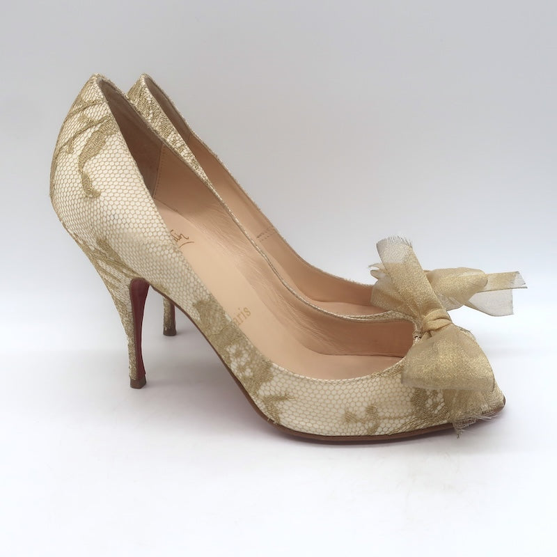 Christian Louboutin Moon Bow Lace Peep Toe Pumps Cream/Gold Size 38.5