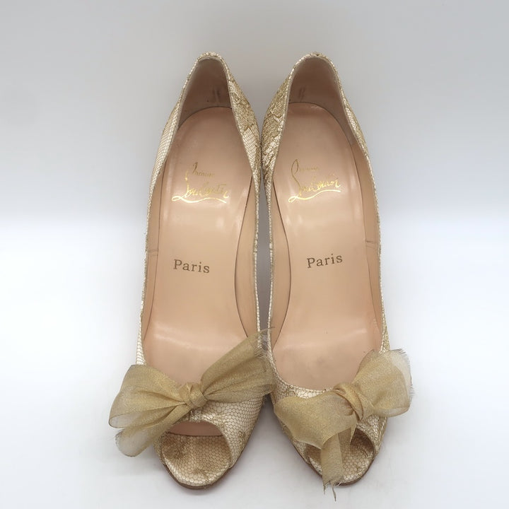 Christian Louboutin Moon Bow Lace Peep Toe Pumps Cream/Gold Size 38.5
