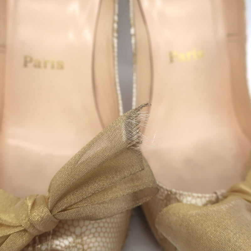 Christian Louboutin Moon Bow Lace Peep Toe Pumps Cream/Gold Size 38.5