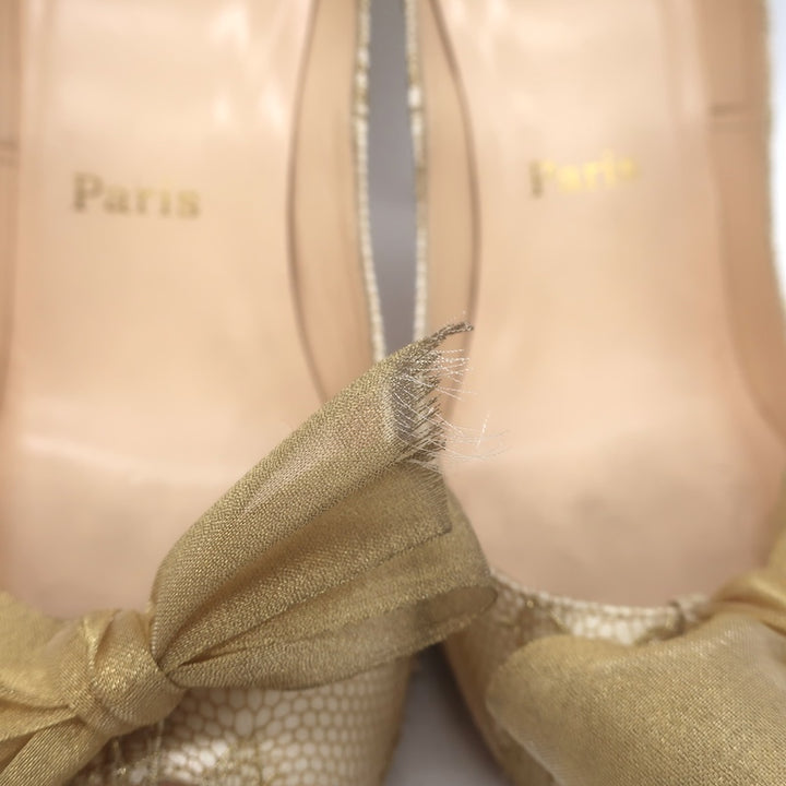 Christian Louboutin Moon Bow Lace Peep Toe Pumps Cream/Gold Size 38.5