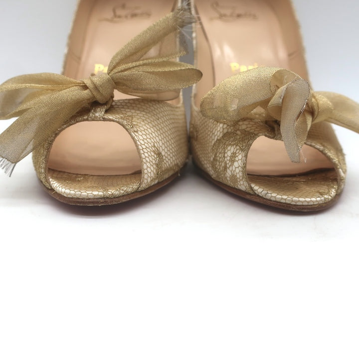 Christian Louboutin Moon Bow Lace Peep Toe Pumps Cream/Gold Size 38.5