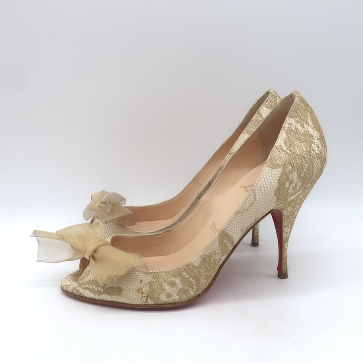 Christian Louboutin Moon Bow Lace Peep Toe Pumps Cream/Gold Size 38.5