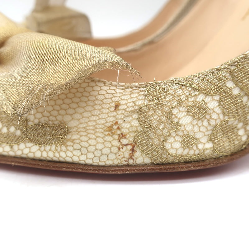 Christian Louboutin Moon Bow Lace Peep Toe Pumps Cream/Gold Size 38.5