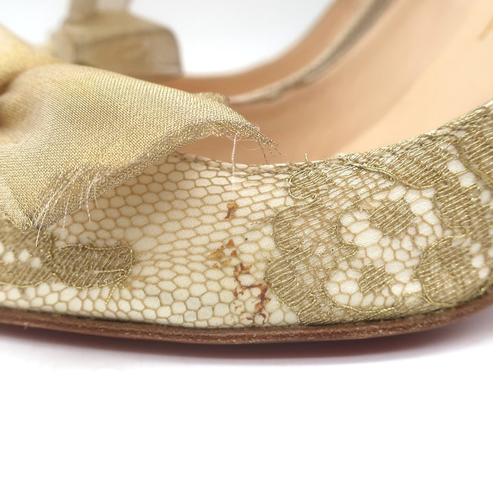 Christian Louboutin Moon Bow Lace Peep Toe Pumps Cream/Gold Size 38.5