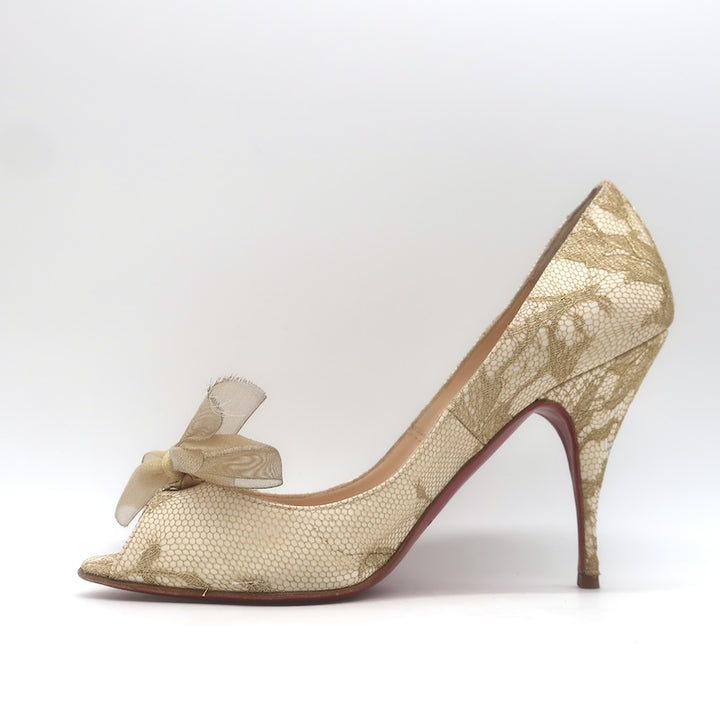 Christian Louboutin Moon Bow Lace Peep Toe Pumps Cream/Gold Size 38.5