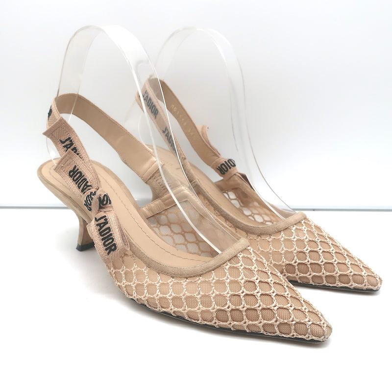 Christian Dior J'Adior Slingback Pumps Nude Mesh Suede Size