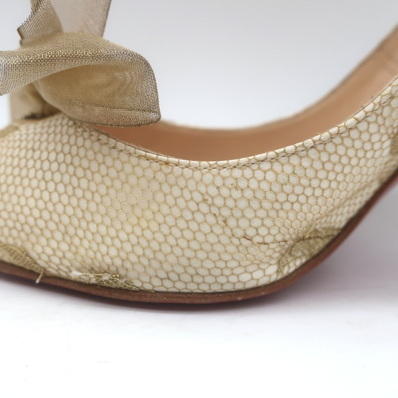 Christian Louboutin Moon Bow Lace Peep Toe Pumps Cream/Gold Size 38.5