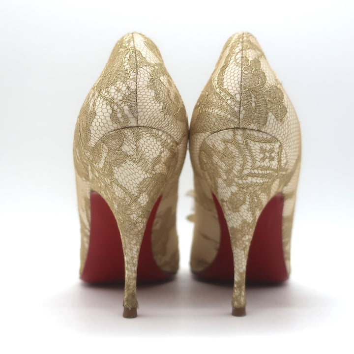 Christian Louboutin Moon Bow Lace Peep Toe Pumps Cream/Gold Size 38.5