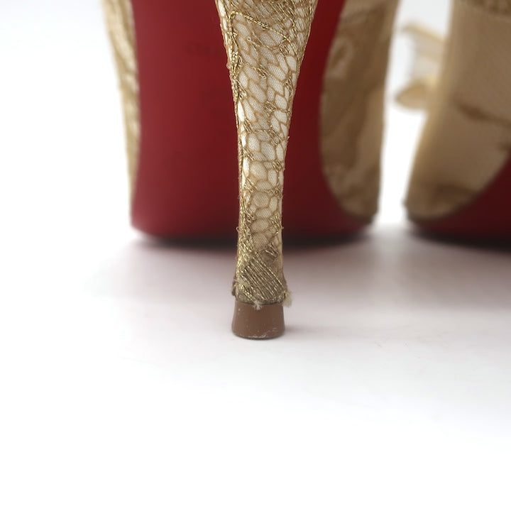 Christian Louboutin Moon Bow Lace Peep Toe Pumps Cream/Gold Size 38.5