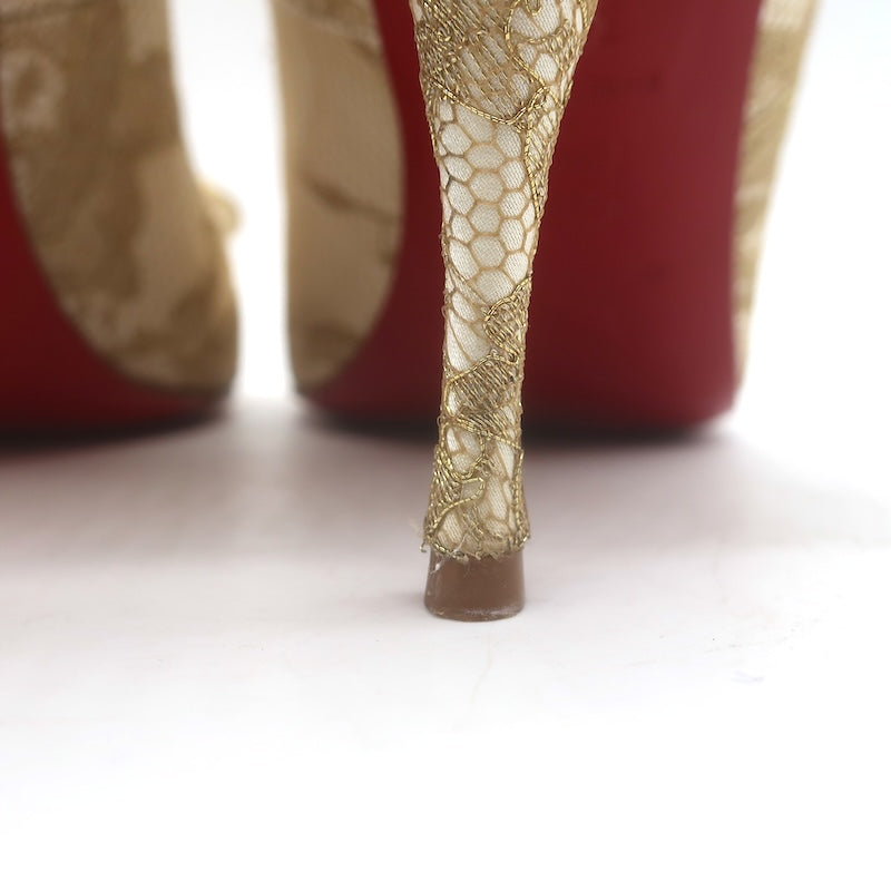 Christian Louboutin Moon Bow Lace Peep Toe Pumps Cream/Gold Size 38.5
