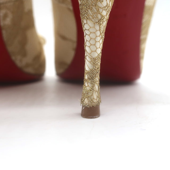 Christian Louboutin Moon Bow Lace Peep Toe Pumps Cream/Gold Size 38.5