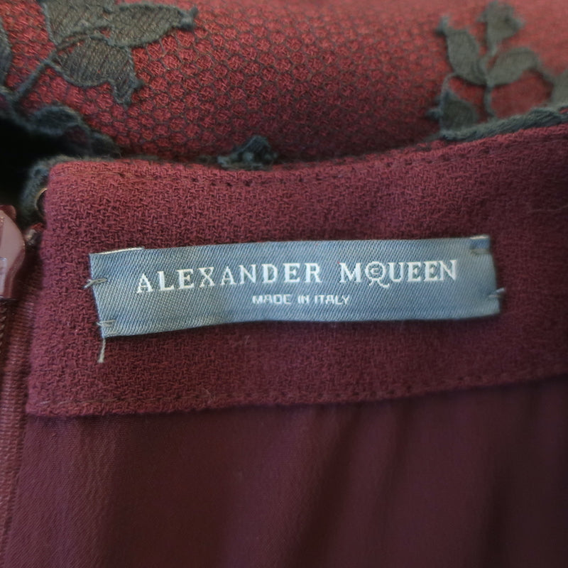 Alexander McQueen Lace Mini Peplum Dress Burgundy Crepe Size 42