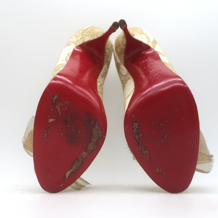 Christian Louboutin Moon Bow Lace Peep Toe Pumps Cream/Gold Size 38.5