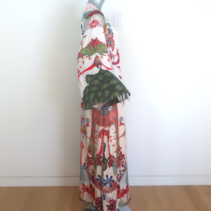 Carolina K Lena Kaftan Cream Printed Satin Size Small Long Sleeve Maxi Dress