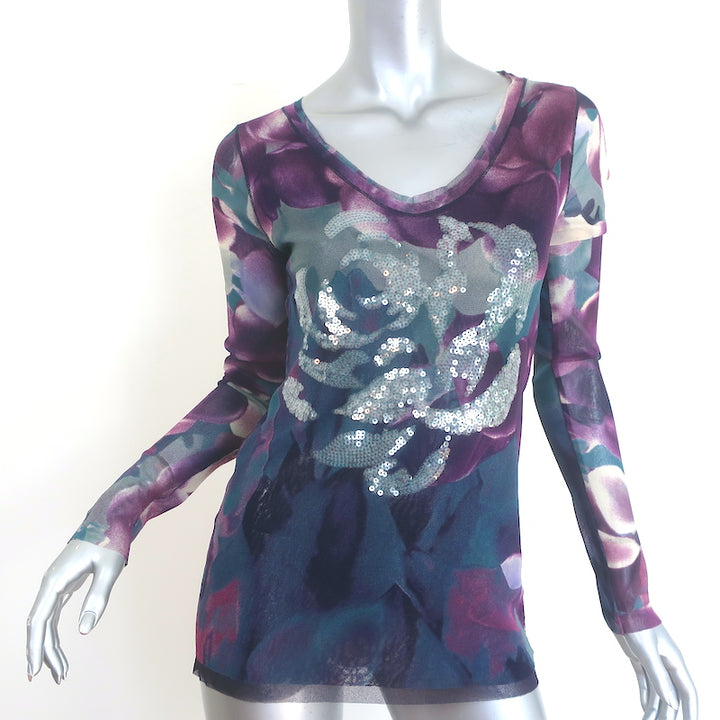 Fuzzi Jean Paul Gaultier Flower-Sequined Long Sleeve Top Purple/Blue Mesh Size Extra Large