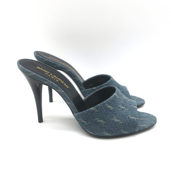 Saint Laurent LA 16 Monogram Denim Mules Size 35.5 Open Toe Sandals