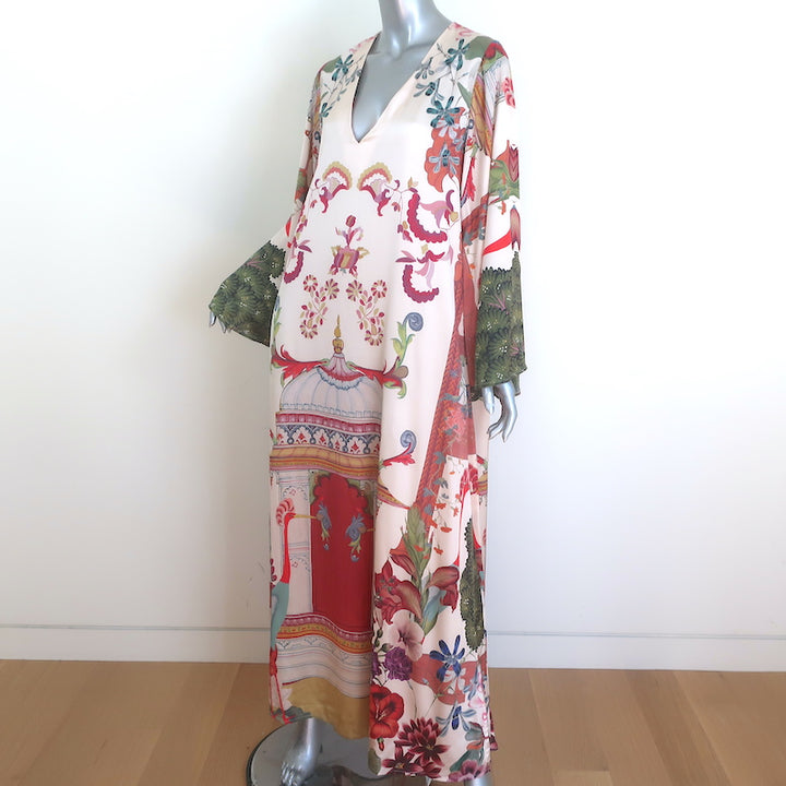 Carolina K Lena Kaftan Cream Printed Satin Size Small Long Sleeve Maxi Dress
