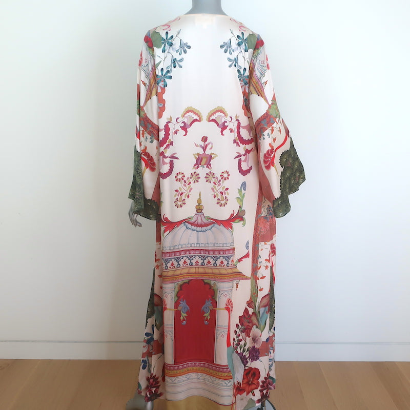 Carolina K Lena Kaftan Cream Printed Satin Size Small Long Sleeve Maxi Dress