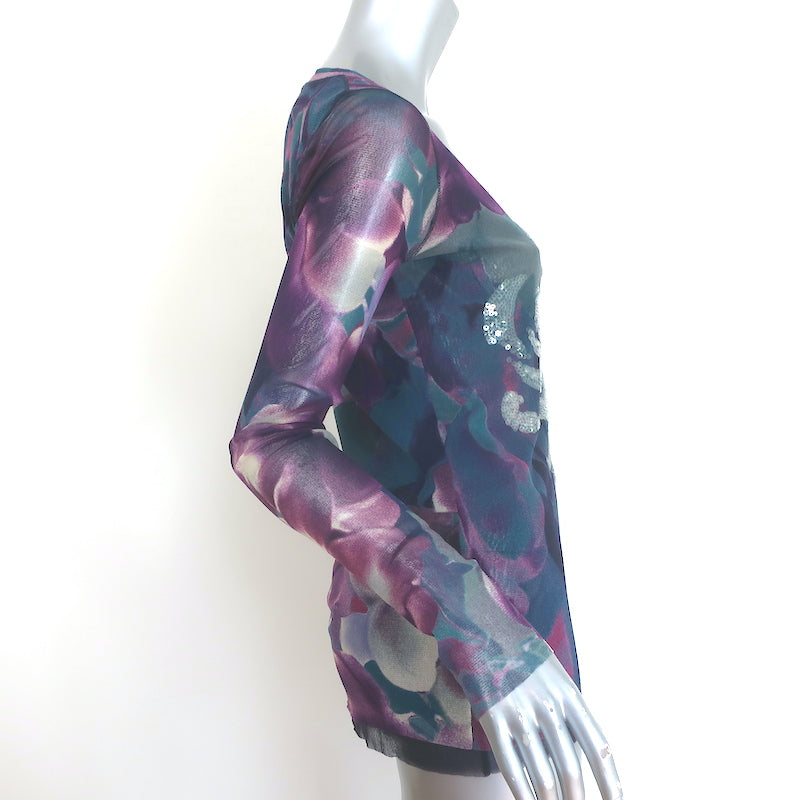 Fuzzi Jean Paul Gaultier Flower-Sequined Long Sleeve Top Purple/Blue Mesh Size Extra Large