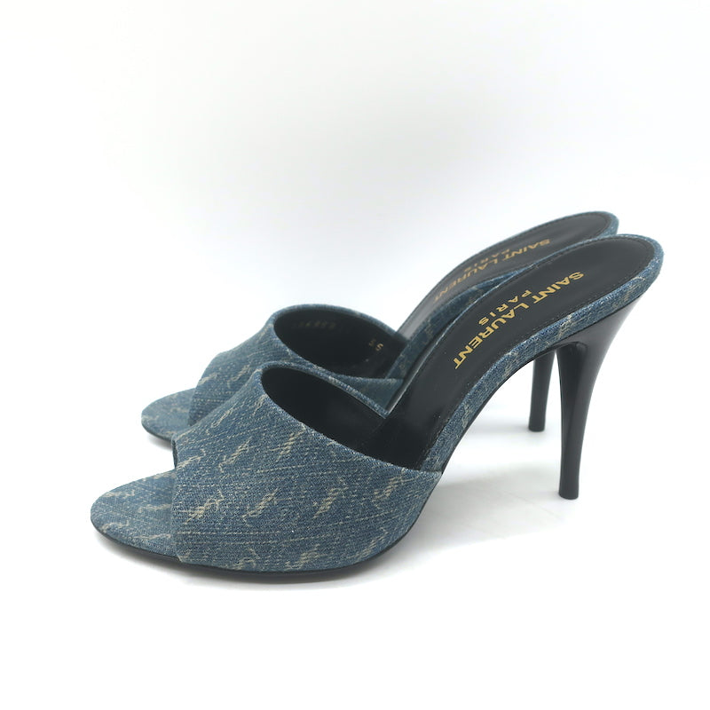 Saint Laurent LA 16 Monogram Denim Mules Size 35.5 Open Toe Sandals