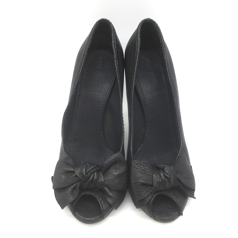 Miu Miu Peep Toe Bow Pumps Black Pebbled Leather Size 38