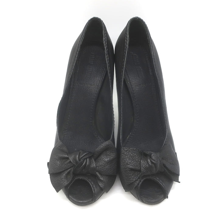 Miu Miu Peep Toe Bow Pumps Black Pebbled Leather Size 38