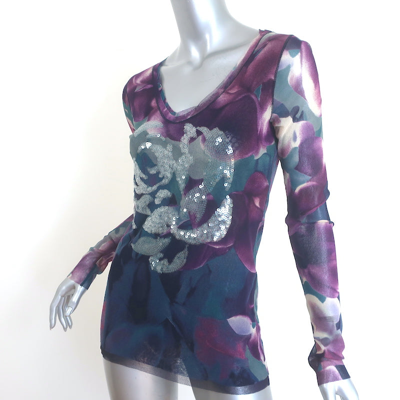 Fuzzi Jean Paul Gaultier Flower-Sequined Long Sleeve Top Purple/Blue Mesh Size Extra Large
