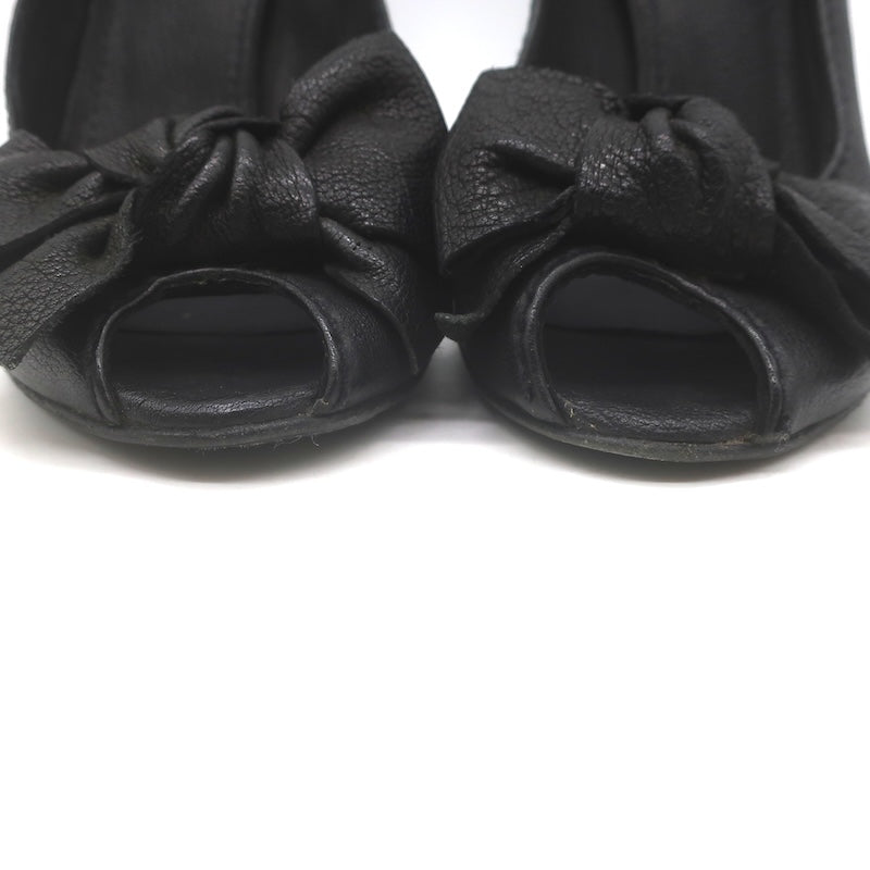 Miu Miu Peep Toe Bow Pumps Black Pebbled Leather Size 38