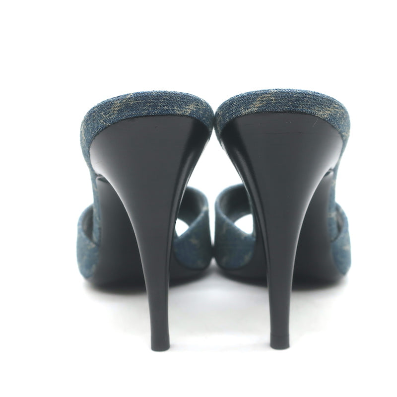 Saint Laurent LA 16 Monogram Denim Mules Size 35.5 Open Toe Sandals