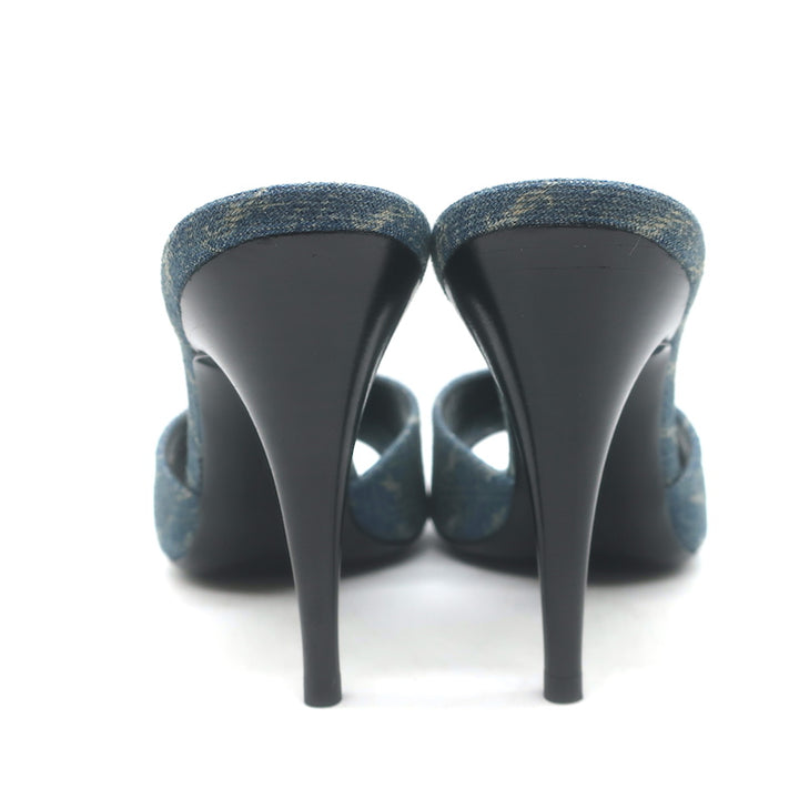 Saint Laurent LA 16 Monogram Denim Mules Size 35.5 Open Toe Sandals