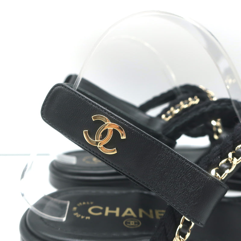 Chanel 22P Cord Chain Flat Slingback Sandals Black Leather Size