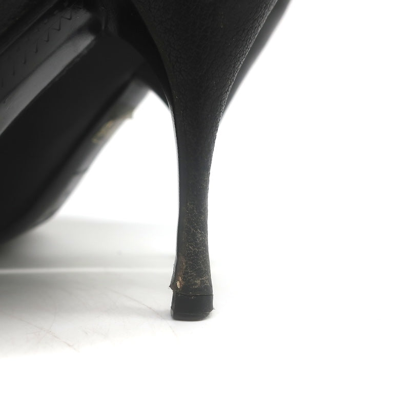 Miu Miu Peep Toe Bow Pumps Black Pebbled Leather Size 38