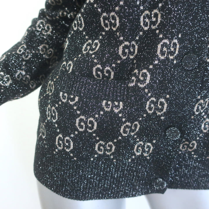 Gucci GG Lurex Jacquard Cardigan Charcoal/Silver Size Small V-Neck Sweater