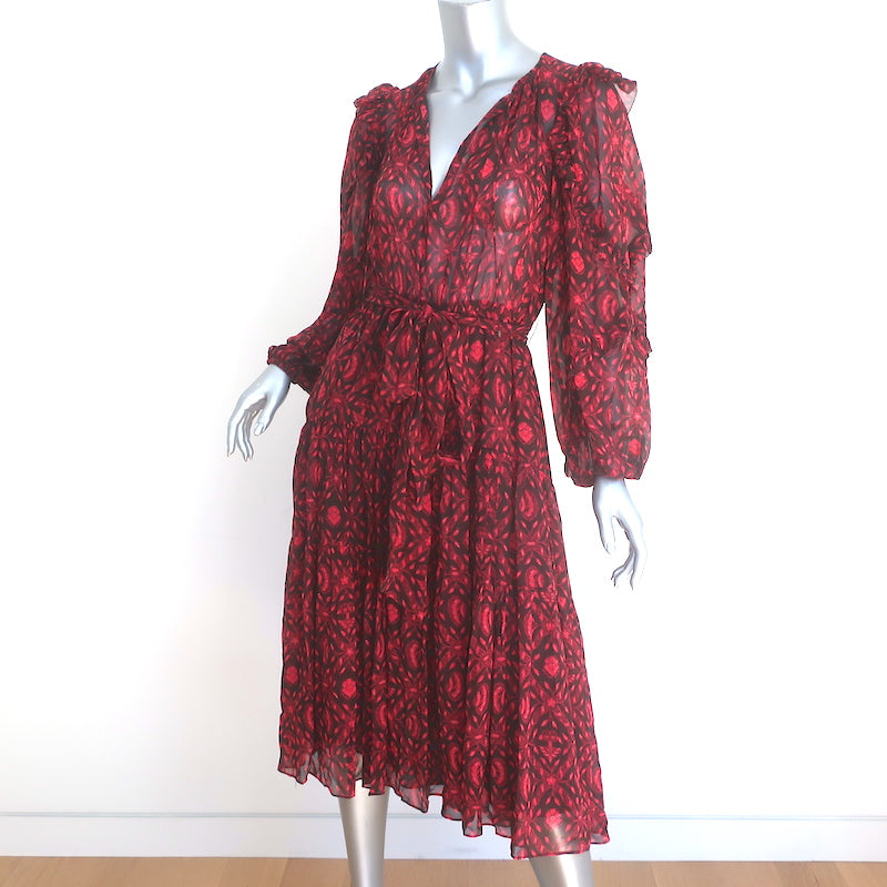 Ulla Johnson Aliya Midi Dress Red Printed Silk Chiffon Size 2