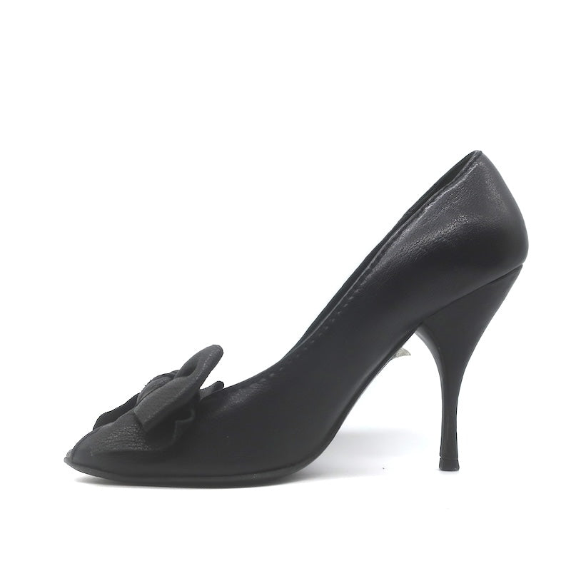 Miu Miu Peep Toe Bow Pumps Black Pebbled Leather Size 38
