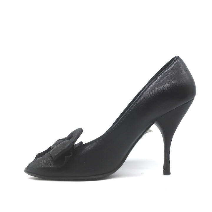 Miu Miu Peep Toe Bow Pumps Black Pebbled Leather Size 38