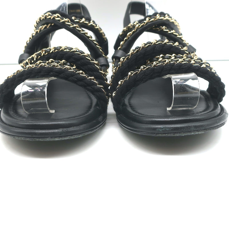 Chanel 22P Cord Chain Flat Slingback Sandals Black Leather Size 39.5