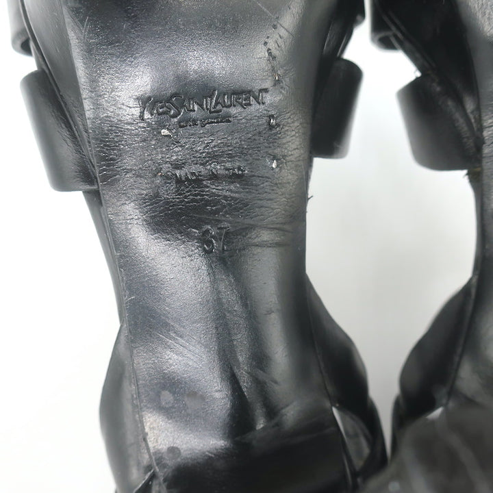 Saint Laurent Tribute 105 Platform T-Strap Sandals Black Leather Size 37