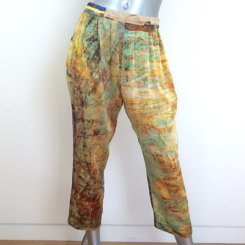 Carmen Molina Matching Blouse &amp; Pants Set Yellow Printed Silk Size Small/Medium